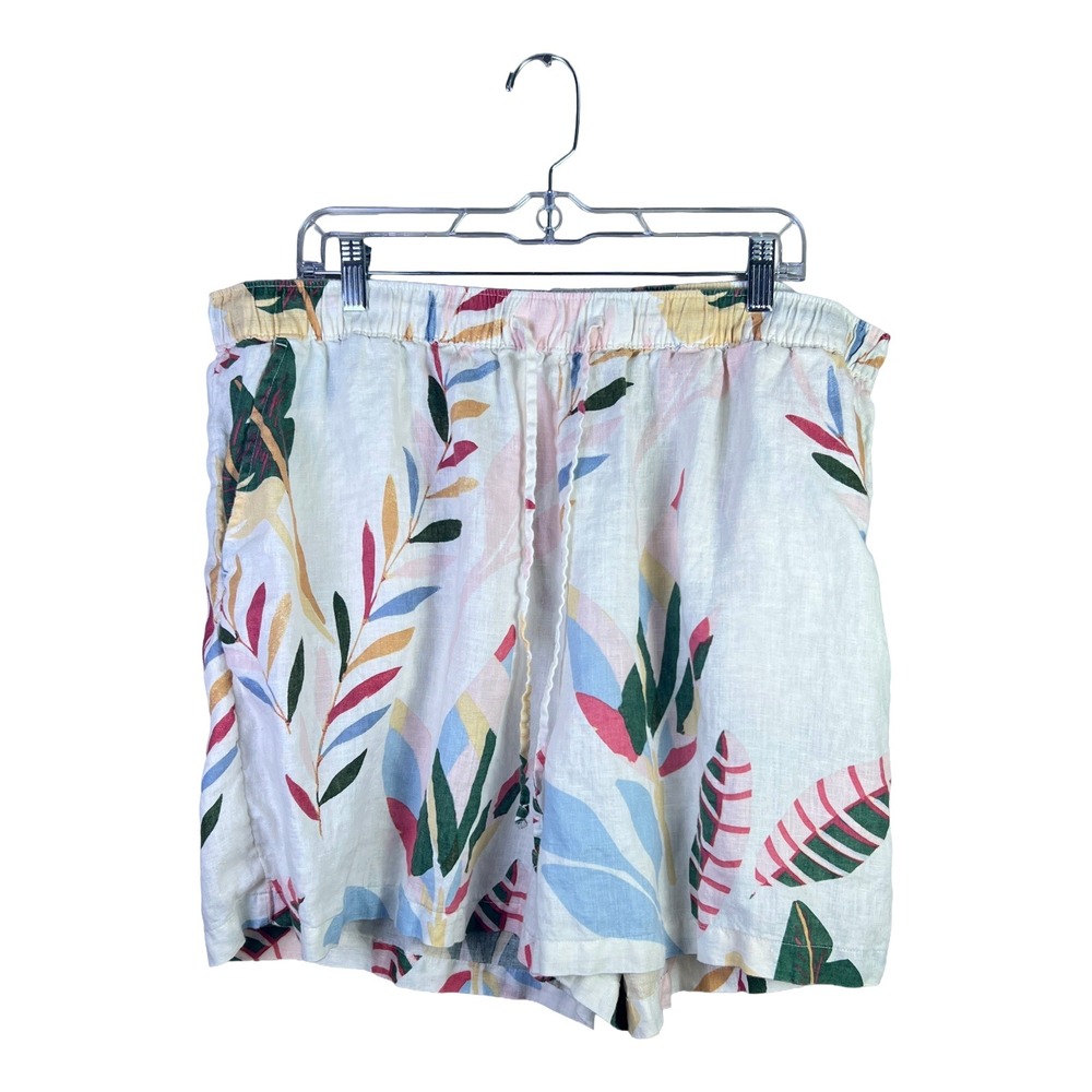Cynthia‎ Rowley 100% Linen Tropical Leaf Print Shorts White Womens 2X High Rise